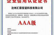 滄州匯霖管道科技有限公司AAA企業(yè)信用認(rèn)證證書(shū)    